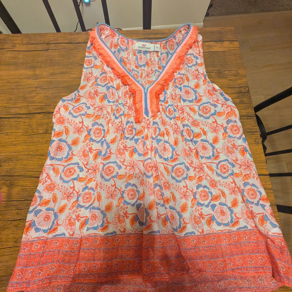 Vineyard Vines Floral V-Neck Blouse - Coral and Blue